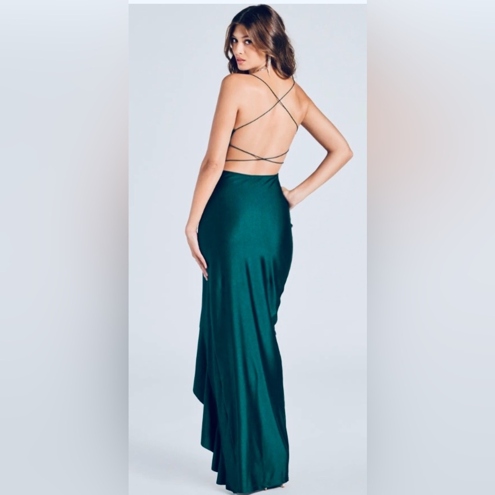 Crystal Doll Teal Backless Gown Sleek Ruffled Slit NWT